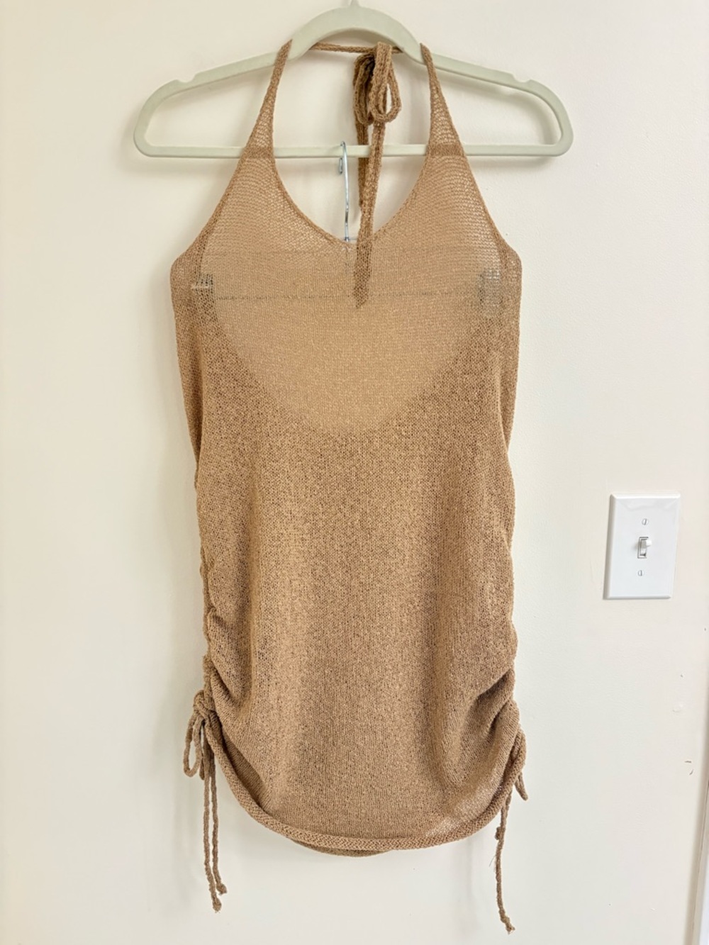 Tic Toc NWT Tan beach Backless halter Dress Halter Ruched Knit Mini Dress resort